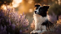Border collie dog sitting among purple lavender flowers during golden hour sunset with warm bokeh background creating peaceful outdoor portrait.