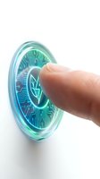 Finger touching glowing holographic leaf symbol on futuristic digital interface, representing eco-friendly technology, sustainable innovation, and green energy solutions for environmental awareness campaigns.