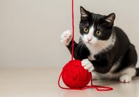 Black and white cat playing with red yarn ball on neutral background. Kitten engaged with toy string for pet care, entertainment, and playful behavior content.