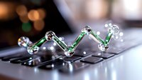 Futuristic molecular structure made of glass and green elements floating over laptop keyboard with bokeh light effects in background. For science visualization.