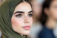 Close up portrait of young woman in olive green hijab with natural makeup, long eyelashes and defined brows against blurred background.
