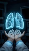Glowing blue lungs floating above cupped hands in medical setting. Healthcare professional presenting respiratory system hologram for pulmonary medicine education.