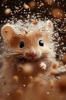 Curious hamster peeks through water droplets and bokeh effects, creating magical atmosphere with soft brown tones and sparkling highlights. Close-up portrait captures innocent expression.