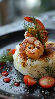 Grilled shrimp and cod fillet garnished with fresh dill and cherry tomatoes on dark plate, close up view of gourmet seafood dish with herbs and spices.