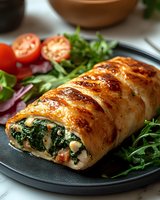 Golden puff pastry roll filled with spinach and cheese served on dark plate with fresh greens and cherry tomatoes for gourmet dining and cooking content.