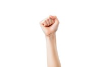 Raised fist gesture showing strength, determination, and solidarity against white background, isolated for easy integration into design projects.