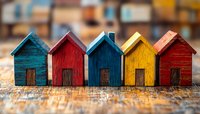 Colorful wooden miniature houses in row on rustic wood surface with selective focus. Red, blue and yellow tiny home models represent real estate concept.