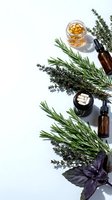 Natural aromatherapy essential oils in amber bottles with fresh rosemary, thyme and basil herbs on white background for spa wellness and holistic healing.