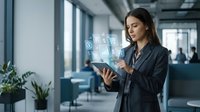Young Caucasian businesswoman in suit using tablet with glowing digital holographic icons in modern office, technology and business concept.