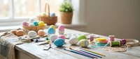 Colorful Easter egg decorating supplies scattered on rustic wooden table with paintbrushes, paints, and craft materials in bright spring kitchen setting.