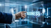 Businessman hand touching transparent digital screen with business text in modern office environment for corporate technology solutions.