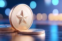 Golden cryptocurrency coin with star symbol on blurred blue background with bokeh lights. Digital money concept for financial technology.