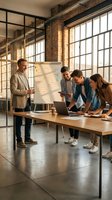 Diverse team of four professionals collaborating around wooden table in industrial loft space with whiteboard presentation, laptops, and large windows casting natural light during business meeting or brainstorming session.