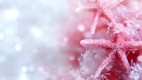 Frost-covered pink starfish ornaments with sparkling bokeh lights and soft winter background, perfect for holiday and seasonal design projects.