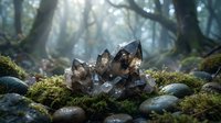 Smoky quartz crystal cluster on moss-covered rocks in mystical forest with sunbeams filtering through ancient trees creating magical atmosphere for meditation.