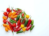 Assorted fresh chili peppers and hot peppers in red, yellow, orange and green varieties arranged on white background for cooking and culinary use.