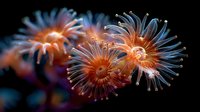 Vibrant orange sea anemones with glowing tentacles against dark background, showcasing marine life in underwater ecosystem.