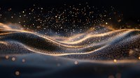 Glowing golden particles form elegant waves against dark background, creating dynamic flowing motion with sparkling light effects and bokeh elements.