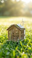 Miniature eco-friendly house model with solar panels, green roof, and wind turbine on lush grass in warm sunlight, symbolizing sustainable living.