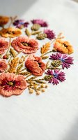 Colorful floral embroidery on white fabric featuring orange poppies and purple flowers with golden leaves in traditional needlework style for crafting projects.