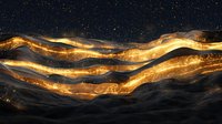 Glowing golden waves flow through dark cosmic space, creating luminous abstract pattern with sparkling particles and magical light trails against black background.