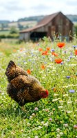 Brown hen pecking in wildflower meadow with red poppies and purple cornflowers near rustic barn. Rural farm scene with free-range chicken foraging in countryside.