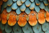 Macro shot of layered feather texture displaying vibrant orange and teal coloring with intricate scale patterns, suitable for backgrounds and design elements.