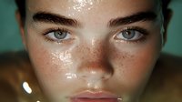 Young woman with freckles and dewy glowing skin in natural light for skincare and beauty concepts.