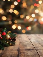 Festive wooden table with Christmas decorations, pine branches, baubles and pinecone against blurred bokeh lights background. For holiday greeting cards.