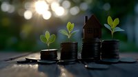 Growing money stacks with green sprouts and wooden house model symbolizing financial growth, investment success, and sustainable wealth building in real estate.
