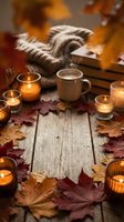 Cozy autumn still life with hot coffee mug, knitted sweater, candles and fallen leaves on rustic wooden table creating warm seasonal atmosphere.