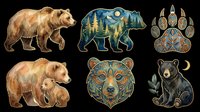 Bear clipart set with grizzly, black bear, cub, paw print, and ornate face, isolated on transparent background. Ready for stickers, t-shirt design, and print on demand.