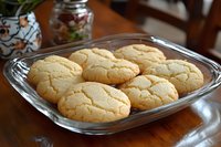 Freshly baked sugar cookies with crackled tops arranged on clear glass serving plate, showcasing soft, golden-brown texture and classic homemade appearance.