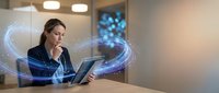Professional businesswoman using digital tablet with futuristic holographic data streams and network connections in modern office environment.