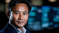 Asian businessman with confident smile against blurred technology background showing digital screens and data visualization displays in corporate office setting.