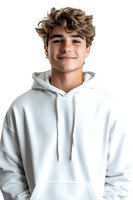 Young Caucasian male model with wavy brown hair wearing white hoodie smiling at camera against white background, isolated portrait for fashion and lifestyle design.