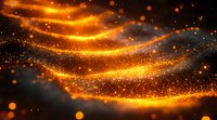 Glowing golden particles and light waves flow in dark space creating magical atmosphere with bokeh effect and shimmering sparkles. Abstract background for festive designs.