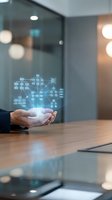 Businessman hands holding glowing digital network diagram with connected nodes in modern office environment for technology and business innovation concepts.
