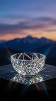 Crystal bowl with rainbow reflections on dark surface against mountain sunset backdrop creating elegant luxury tableware display.