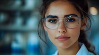 Young woman wearing stylish round glasses with natural makeup and loose dark hair, professional headshot portrait against blurred blue background in soft lighting.