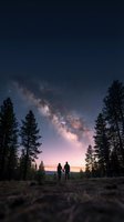 Silhouettes of two people standing in forest clearing gazing at Milky Way galaxy stretching across night sky at dusk, surrounded by tall evergreen trees and rocky terrain.