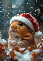 Adorable hamster wearing Santa hat in snowy winter scene with falling snowflakes and autumn leaves, creating magical holiday atmosphere for seasonal greeting cards.
