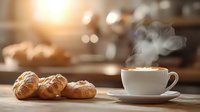 Fresh baked croissants beside steaming cup of cappuccino on wooden table with warm morning light and bokeh background, creating cozy breakfast atmosphere.