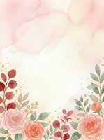 Watercolor floral border with pink roses, red berries, and green foliage on soft blush background with gold accents. Isolated design for invitations, greeting cards, and wedding stationery.
