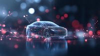Futuristic sports car wireframe glowing with digital particles and light effects on dark background with reflection, modern automotive technology concept.