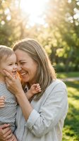 Caucasian mother laughing and cuddling her toddler son outdoors in a sunlit park, capturing genuine family love and happiness.