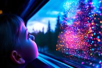 Young child gazes through car window at magical night lights, illuminated by vibrant purple and pink bokeh effects against dark forest silhouette background.