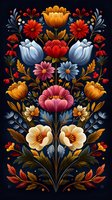 Folk art floral composition with colorful blooms and decorative leaves on dark background for textile design and traditional craft projects.