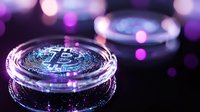 Glowing cryptocurrency coin with bitcoin symbol on dark background with purple bokeh lights and reflective surface, modern financial technology concept.