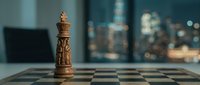 Wooden chess piece standing on checkered board with blurred office cityscape background, representing strategy, business planning, and competitive advantage.